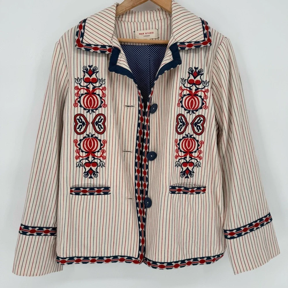 Max Studio London Natalie Embroidered Blazer Jacket L Large Cream Red Boho Folk - Picture 7 of 13
